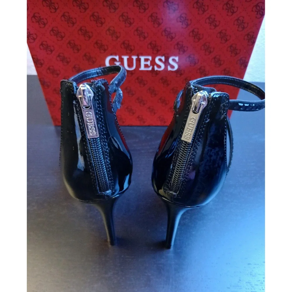 GUESS WGWHOLES Womens Black Patent Rhinestone Strappy Stiletto Heels 8.5M